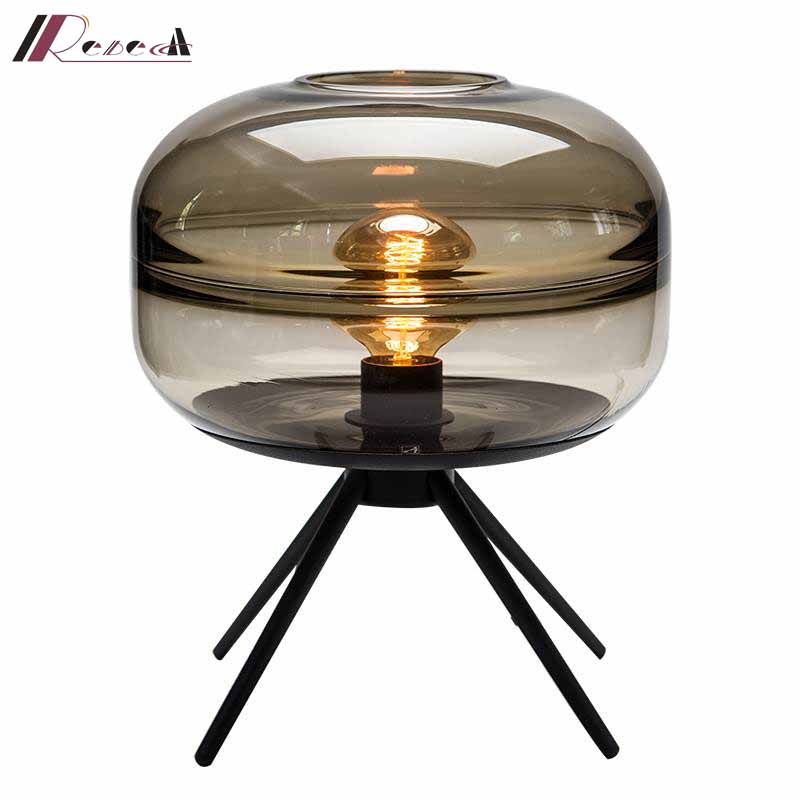 Nordic Retro Design Smoky Gray Bedside Glass Lightshade Wrought Iron Desk Lamp