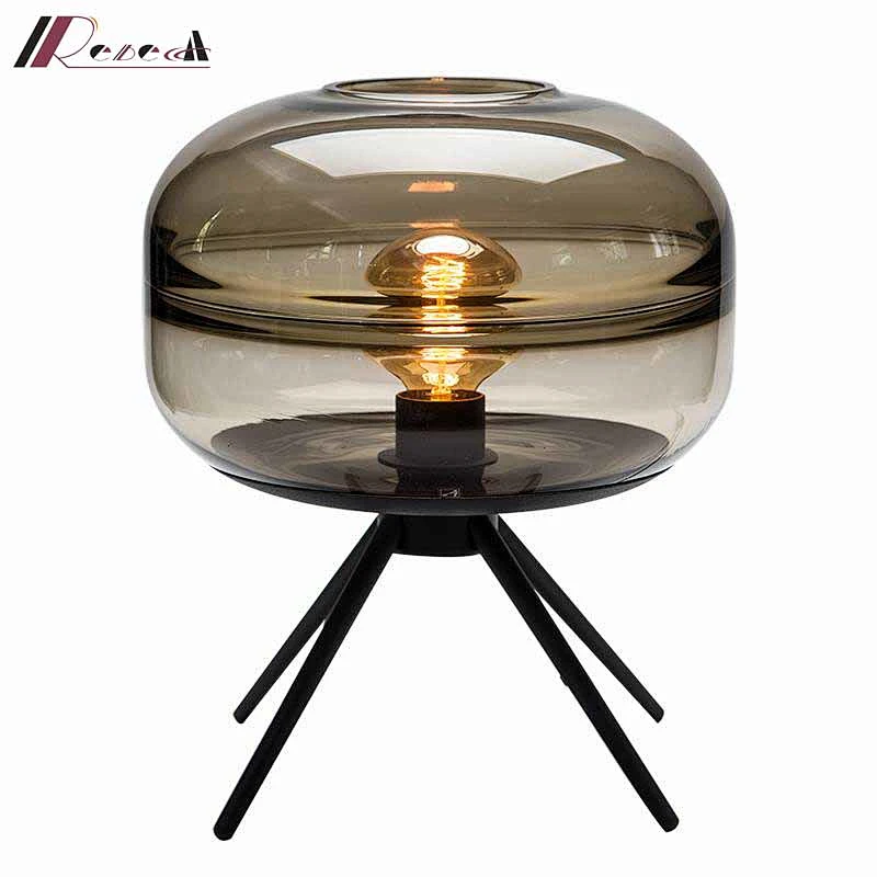 Nordic Retro Design Smoky Gray Bedside Glass Lightshade Wrought Iron Desk Lamp