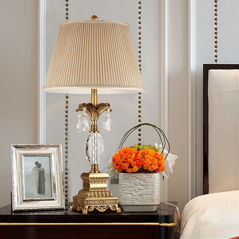 Modern Hotel Bedside Gold Luxury Crystal Table Lamp Fabric Desk Lamps