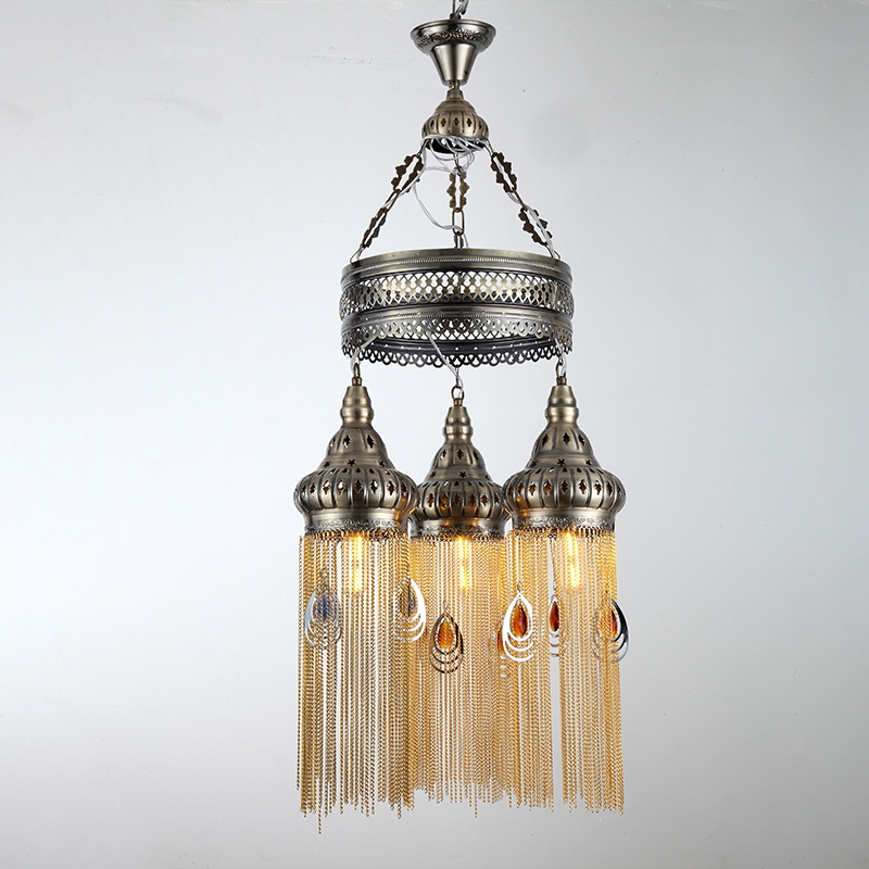 E27*3 15W Featured Hollow out Cafe Restaurant Hotel tassel chandelier Bronzed-Moroccan style handmade iron chandelier
