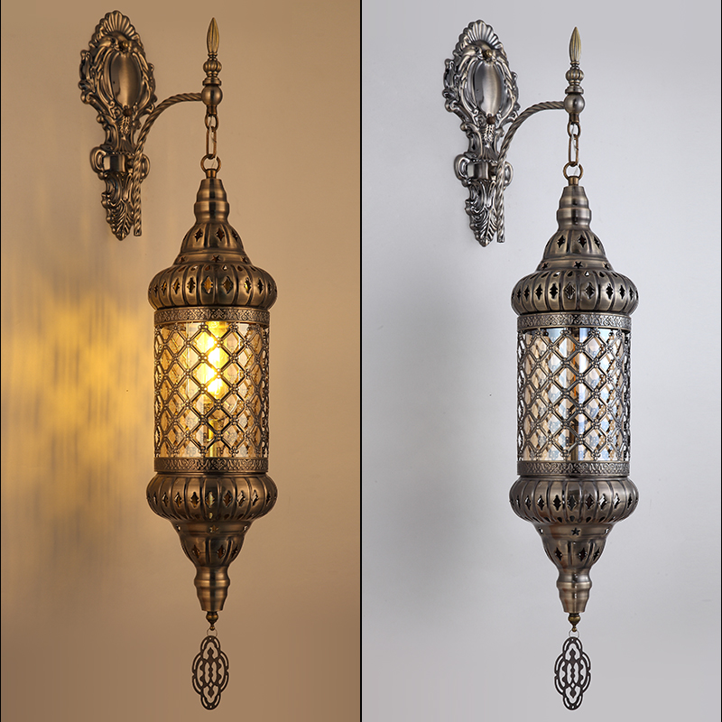 Single Head Glass Lampshade Restaurant Wall Light, Handmade Iron Hotel Atmosphere Hollow Wall Light E27 15W