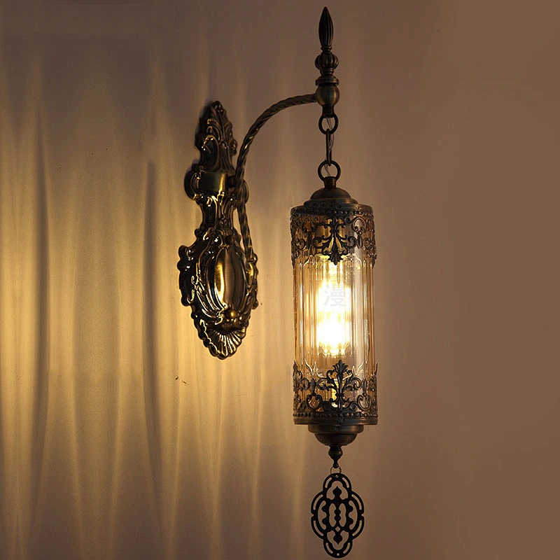 15W E27 single-headed ice-cracked glass lampshade, iron wall lamp, double-headed handmade hotel ambience wall lamp