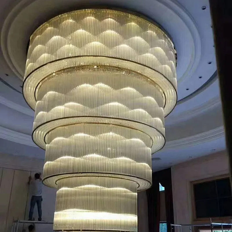 Luxury Column Crystal Stairs Modern Pendant Chandelier Light For Hotel