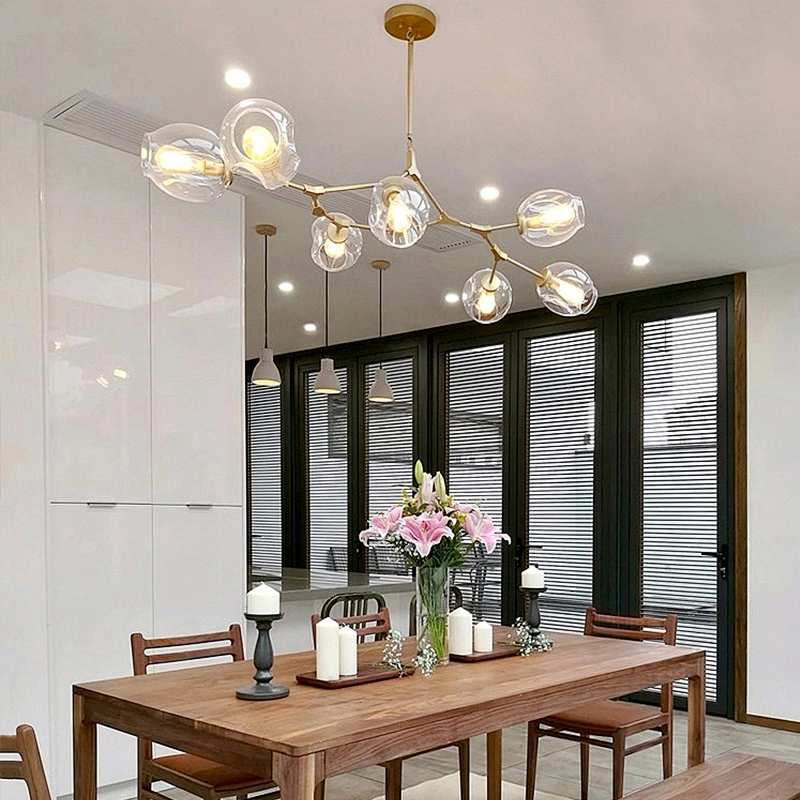 Nordic Modern Copper Arm Glass Ball Led Chandelier Pendant Light Livingroom