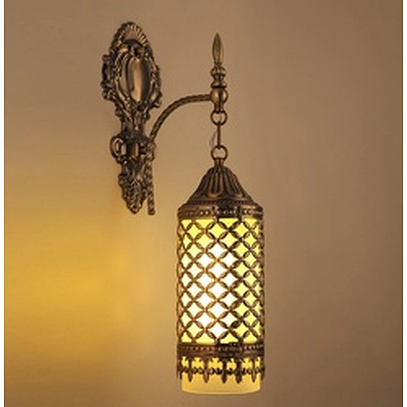 Single Head Glass Lampshade Restaurant Wall Light, Handmade Iron Hotel Atmosphere Hollow Wall Light E27 15W