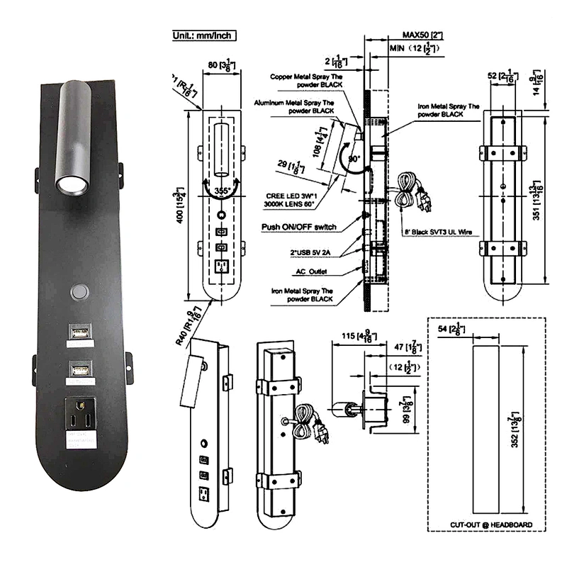 Designed modern rotatable install the lock LED wall lamp with USB inserface