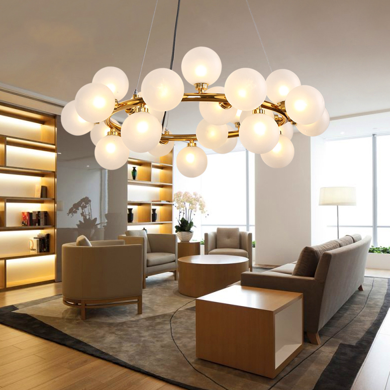Round Straight Bar Dining Room Atmosphere Chandelier Ball Chandeliers Simple Villa Iron Gold&black Ground Glass Modern LED 80