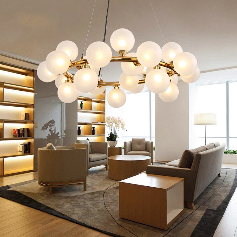 Round Straight Bar Dining Room Atmosphere Chandelier Ball Chandeliers Simple Villa Iron Gold&black Ground Glass Modern LED 80