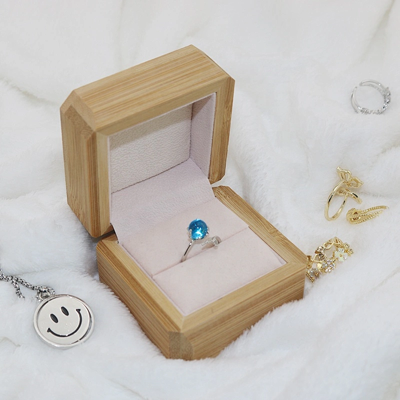 Square natural bamboo jewelry box with lid gift wooden wedding ring box