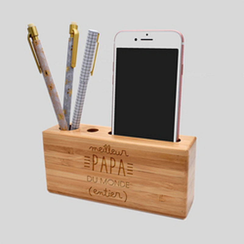 Eco-friendly personalised  bamboo phone holder pen pencil storage box desk organizer