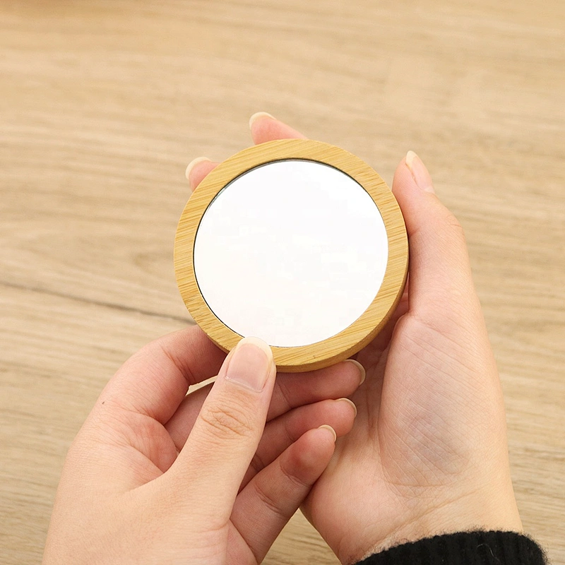 Round custom logo Eco-friendly wood cosmetic Pocket makeup mirror bamboo mirror cosmetic tools