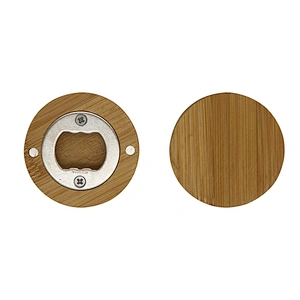 Eco-friendly portable Stainless Steel Magnetic Round Coaster Wooden Bamboo Fridge Magnet Custom Bottle Opener