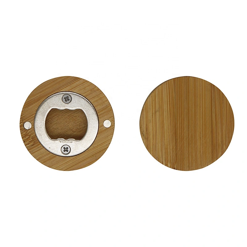 Eco-friendly portable Stainless Steel Magnetic Round Coaster Wooden Bamboo Fridge Magnet Custom Bottle Opener