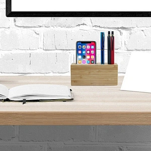 Eco-friendly personalised  bamboo phone holder pen pencil storage box desk organizer