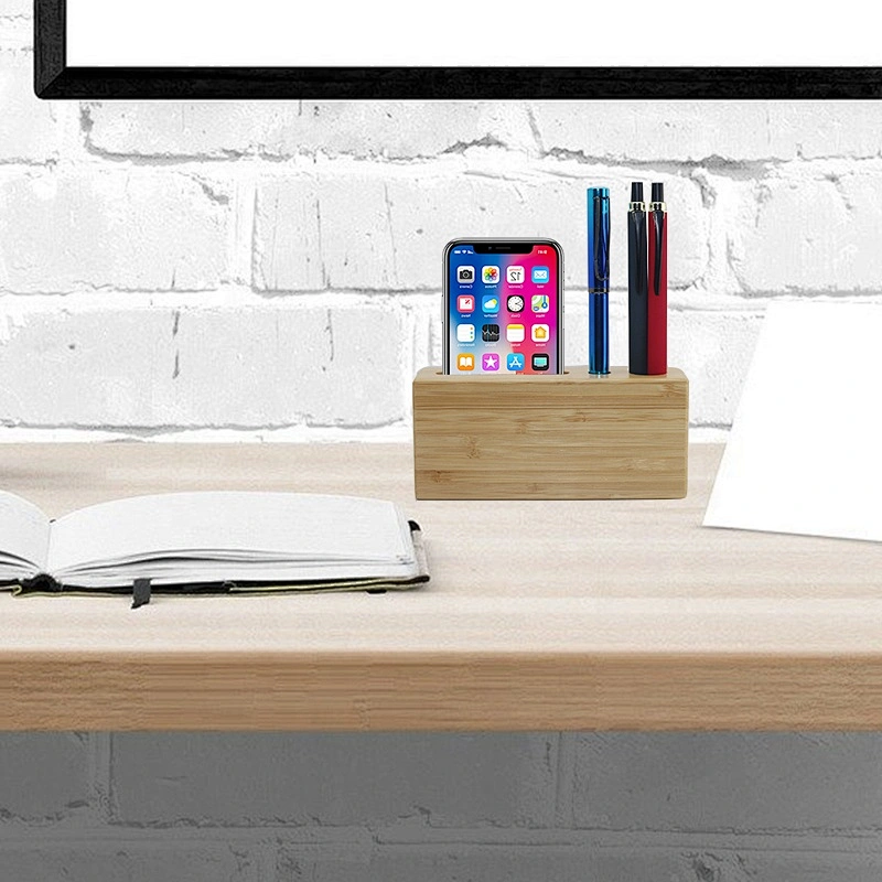Eco-friendly personalised  bamboo phone holder pen pencil storage box desk organizer