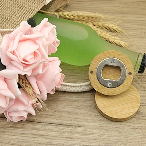 Eco-friendly portable Stainless Steel Magnetic Round Coaster Wooden Bamboo Fridge Magnet Custom Bottle Opener
