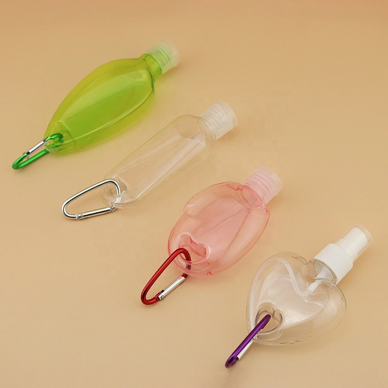 50ml small portable empty alcohol disinfectant spray bottle plastic hand sanitizer gel keychain bottles with carabiner