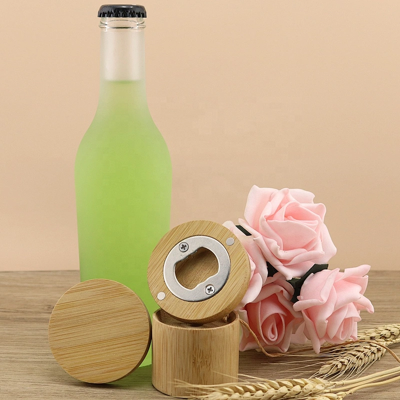 Eco-friendly portable Stainless Steel Magnetic Round Coaster Wooden Bamboo Fridge Magnet Custom Bottle Opener