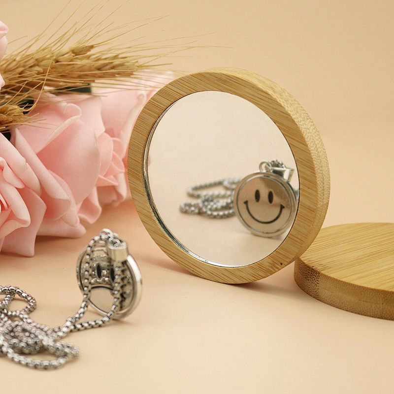 Round custom logo Eco-friendly wood cosmetic Pocket makeup mirror bamboo mirror cosmetic tools