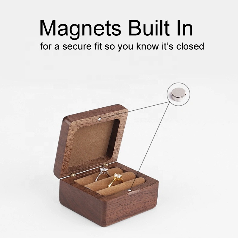 Square Magnetic Natural walnut wood jewelry studs ring storage box