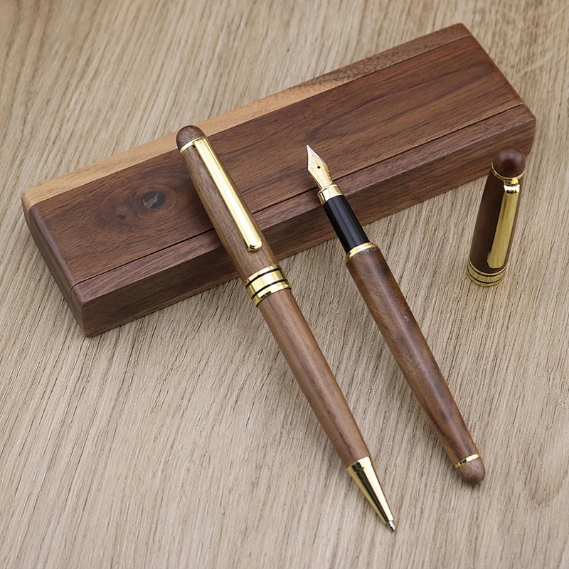Fast delivery luxury walnut wooden pen case wood ballpoint pen set wood pen with gift box
