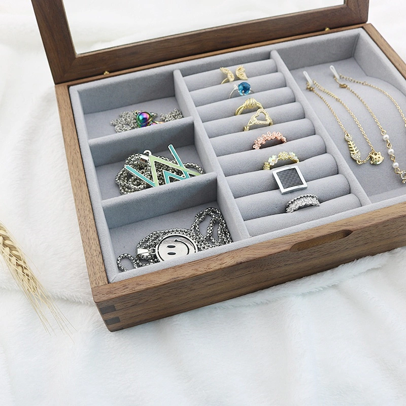 Luxury transparent window lid jewelry wooden box Walnut jewelry box custom storage box