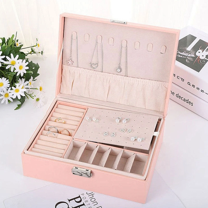 New year gifts custom logo 2 layers  leather jewelry box lock  fashion jewelry box jewelry gift box