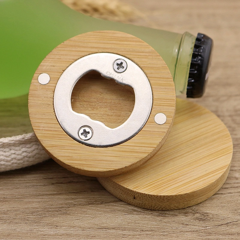 Eco-friendly portable Stainless Steel Magnetic Round Coaster Wooden Bamboo Fridge Magnet Custom Bottle Opener