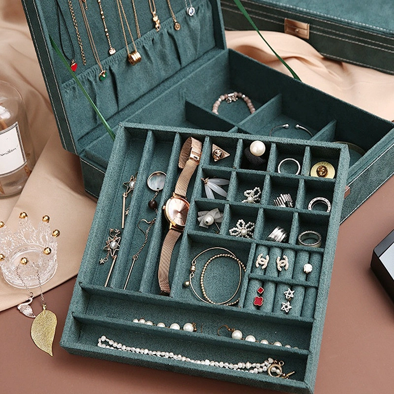 Christmas gifts 2 layers cardboard Storage box Green vintage velvet jewelry box luxury jewelry travel case stackable jewelry box