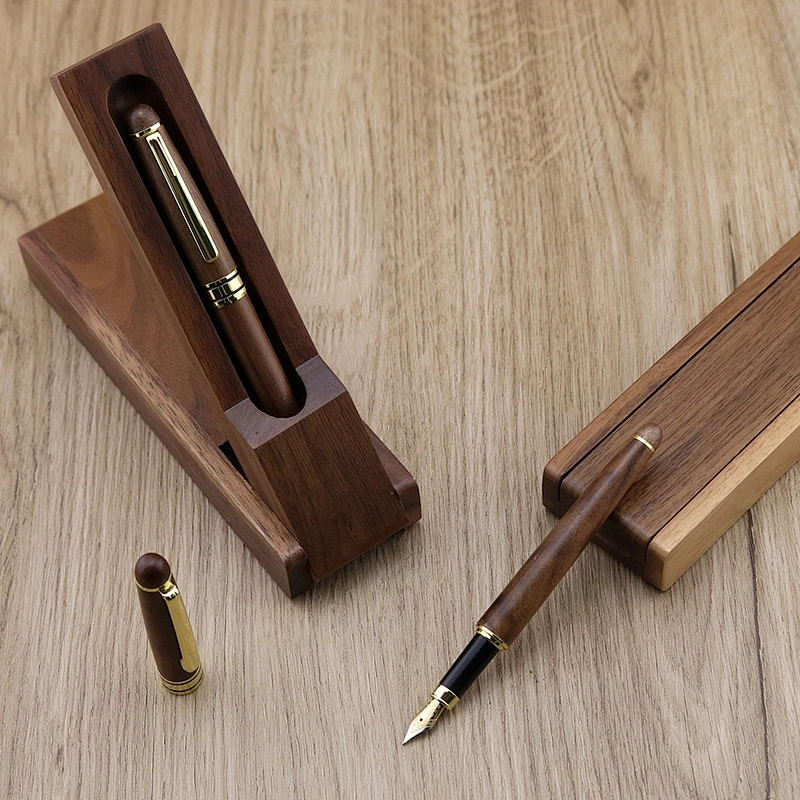 Fast delivery luxury walnut wooden pen case wood ballpoint pen set wood pen with gift box