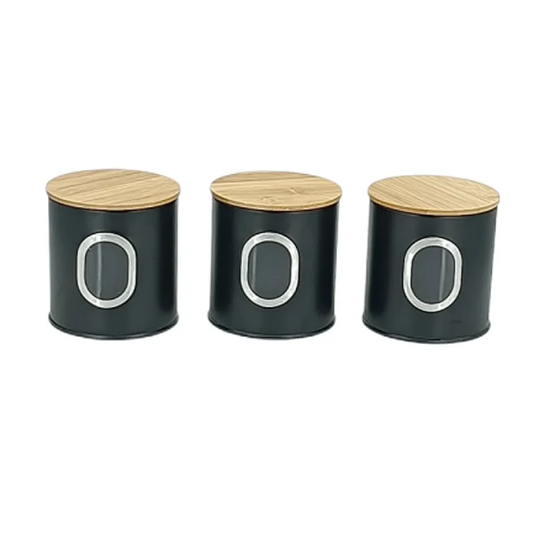 Kitchen Canisters with Bamboo Lids, Airtight Metal Canister Set, Coffee, Sugar, Tea, Flour, Pasta Storage Containers, Kitchen Decor, Set of 3