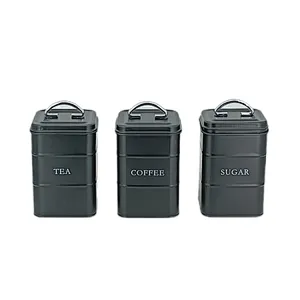 Kitchen Canisters with Bamboo Lids, Airtight Metal Canister Set, Coffee, Sugar, Tea, Flour, Pasta Storage Containers, Kitchen Decor, Set of 3