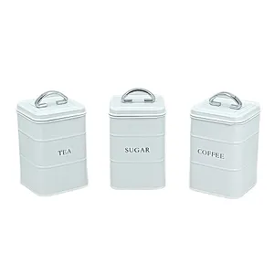 Kitchen Canisters with Bamboo Lids, Airtight Metal Canister Set, Coffee, Sugar, Tea, Flour, Pasta Storage Containers, Kitchen Decor, Set of 3