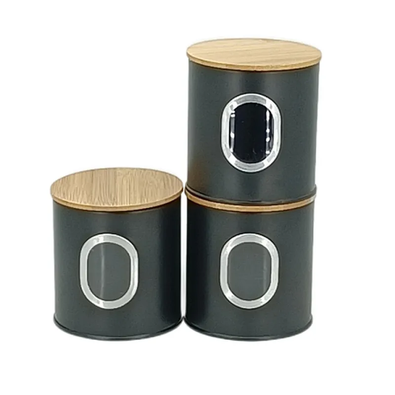 Kitchen Canisters with Bamboo Lids, Airtight Metal Canister Set, Coffee, Sugar, Tea, Flour, Pasta Storage Containers, Kitchen Decor, Set of 3