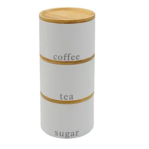 Kitchen Canisters with Bamboo Lids, Airtight Metal Canister Set, Coffee, Sugar, Tea, Flour, Pasta Storage Containers, Kitchen Decor, Set of 3