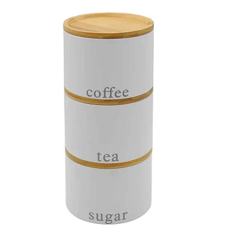 Kitchen Canisters with Bamboo Lids, Airtight Metal Canister Set, Coffee, Sugar, Tea, Flour, Pasta Storage Containers, Kitchen Decor, Set of 3
