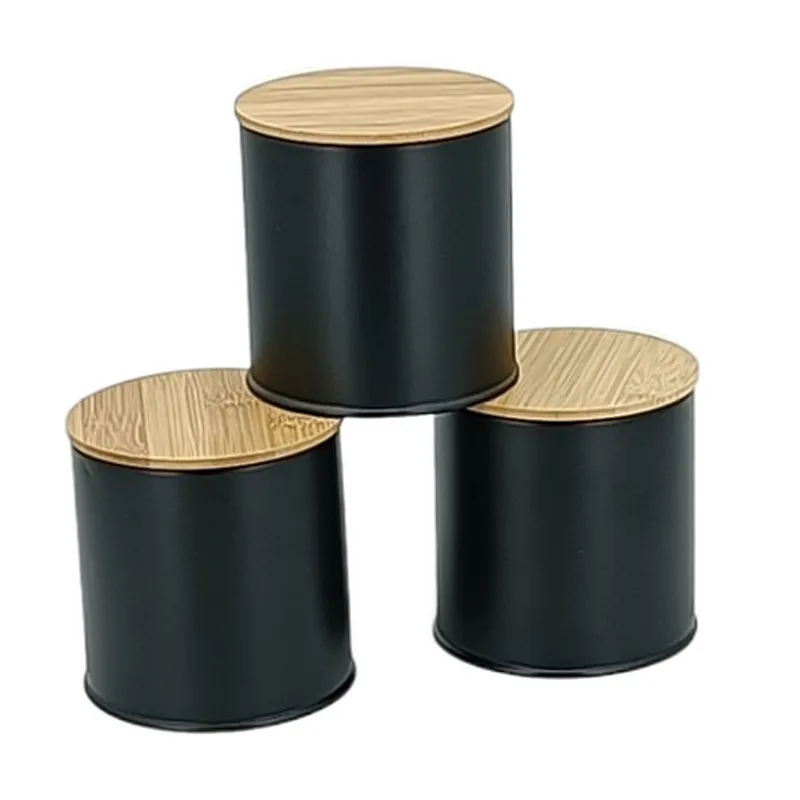 Kitchen Canisters with Bamboo Lids, Airtight Metal Canister Set, Coffee, Sugar, Tea, Flour, Pasta Storage Containers, Kitchen Decor, Set of 3