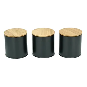 Kitchen Canisters with Bamboo Lids, Airtight Metal Canister Set, Coffee, Sugar, Tea, Flour, Pasta Storage Containers, Kitchen Decor, Set of 3