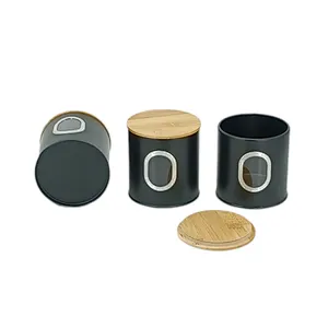 Kitchen Canisters with Bamboo Lids, Airtight Metal Canister Set, Coffee, Sugar, Tea, Flour, Pasta Storage Containers, Kitchen Decor, Set of 3