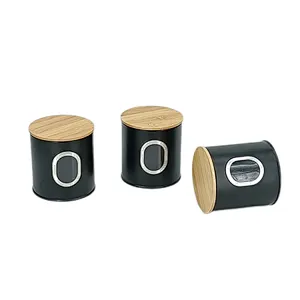 Kitchen Canisters with Bamboo Lids, Airtight Metal Canister Set, Coffee, Sugar, Tea, Flour, Pasta Storage Containers, Kitchen Decor, Set of 3