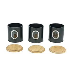 Kitchen Canisters with Bamboo Lids, Airtight Metal Canister Set, Coffee, Sugar, Tea, Flour, Pasta Storage Containers, Kitchen Decor, Set of 3