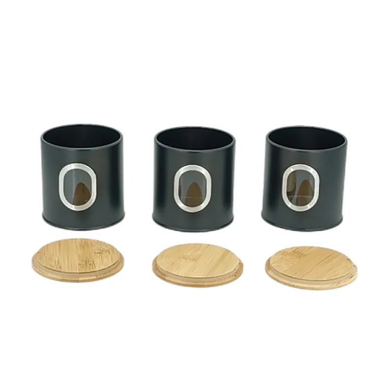 Kitchen Canisters with Bamboo Lids, Airtight Metal Canister Set, Coffee, Sugar, Tea, Flour, Pasta Storage Containers, Kitchen Decor, Set of 3