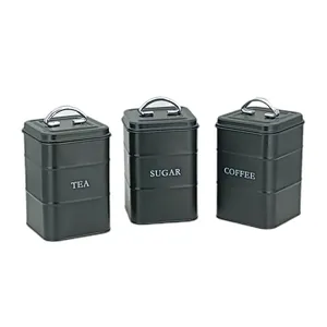 Kitchen Canisters with Bamboo Lids, Airtight Metal Canister Set, Coffee, Sugar, Tea, Flour, Pasta Storage Containers, Kitchen Decor, Set of 3