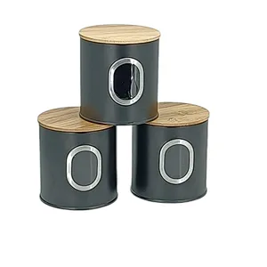Kitchen Canisters with Bamboo Lids, Airtight Metal Canister Set, Coffee, Sugar, Tea, Flour, Pasta Storage Containers, Kitchen Decor, Set of 3