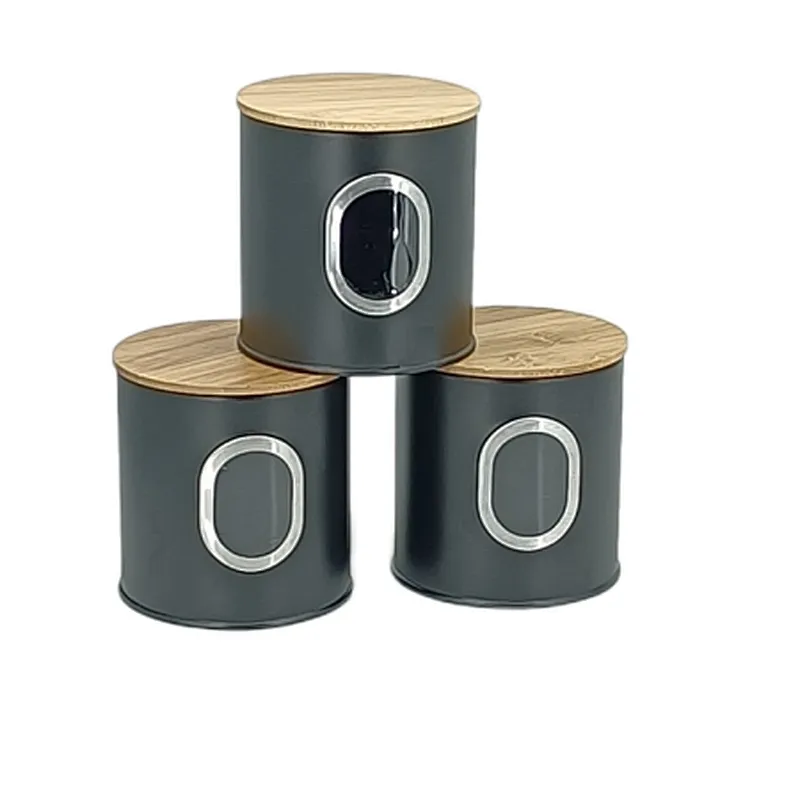 Kitchen Canisters with Bamboo Lids, Airtight Metal Canister Set, Coffee, Sugar, Tea, Flour, Pasta Storage Containers, Kitchen Decor, Set of 3