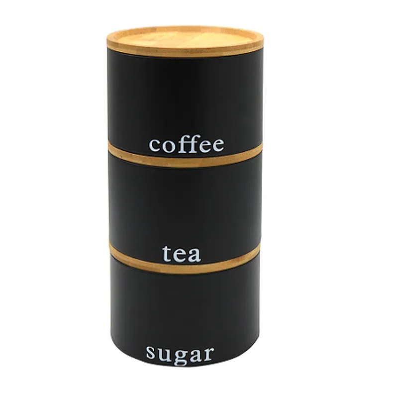 Kitchen Canisters with Bamboo Lids, Airtight Metal Canister Set, Coffee, Sugar, Tea, Flour, Pasta Storage Containers, Kitchen Decor, Set of 3