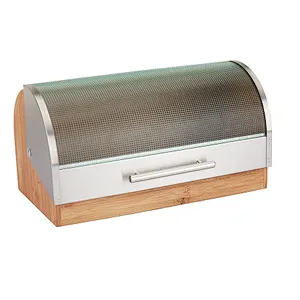 Glass Lid,  Bamboo Body, Stainless Steel Frame Bread Bin