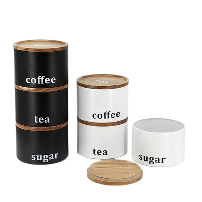 Kitchen Canisters with Bamboo Lids, Airtight Metal Canister Set, Coffee, Sugar, Tea, Flour, Pasta Storage Containers, Kitchen Decor, Set of 3