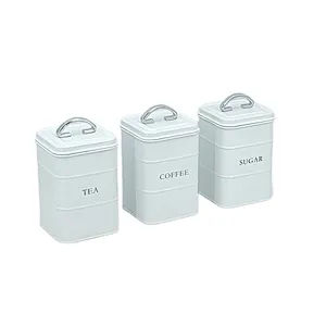 Kitchen Canisters with Bamboo Lids, Airtight Metal Canister Set, Coffee, Sugar, Tea, Flour, Pasta Storage Containers, Kitchen Decor, Set of 3