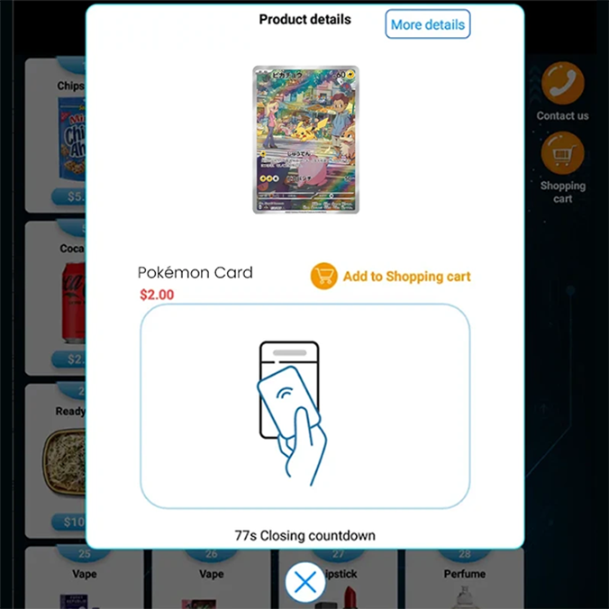 Schermata del distributore automatico WEIMI che mostra informazioni dettagliate sul prodotto delle carte collezionabili